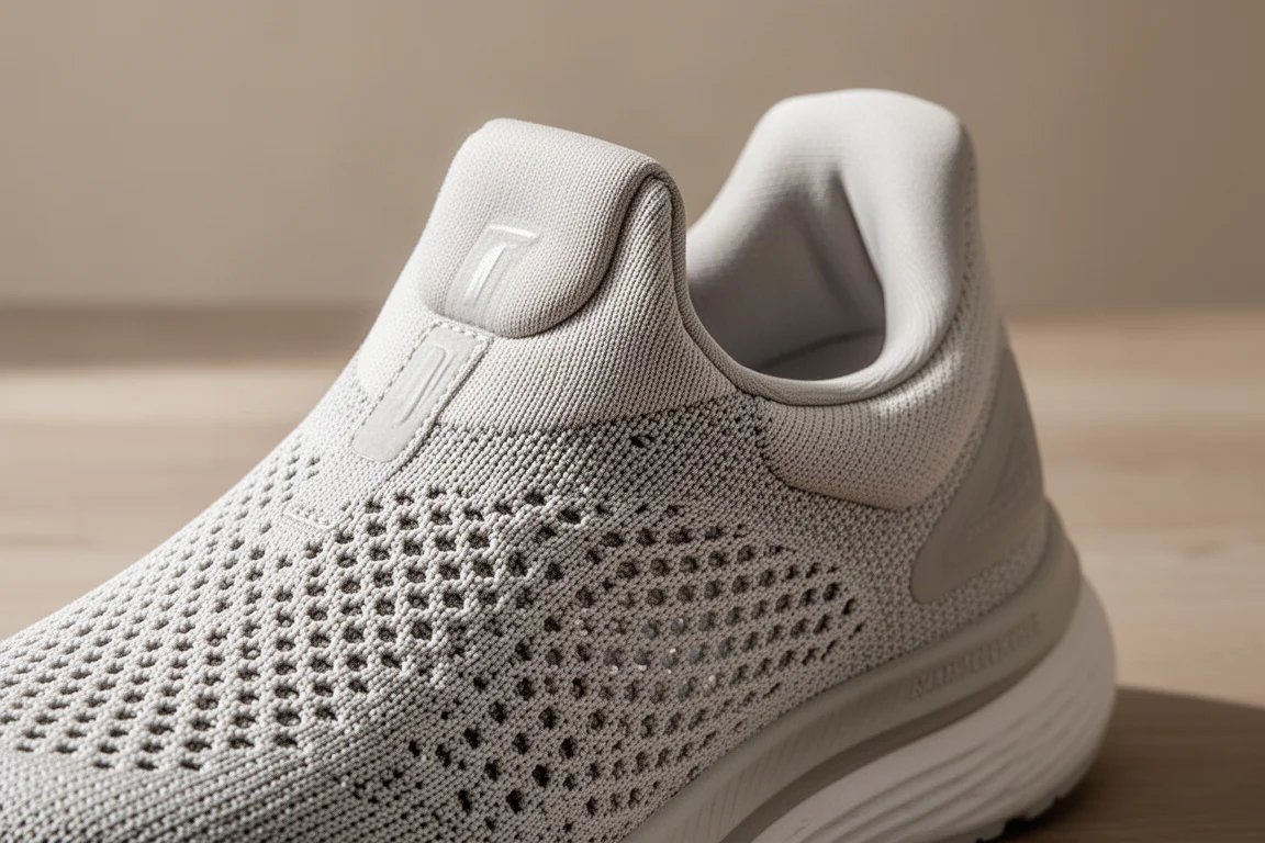 Nahaufnahme eines gestrickten Schuhschafts mit atmungsaktiver Textur und gepolsterter Zunge