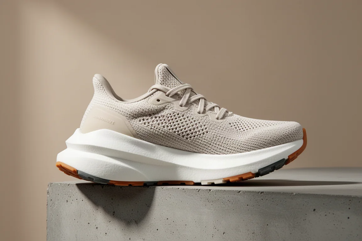 ASICS Nimbus 26 Laufschuh mit dicker weißer Mittelsohle auf Betonoberfläche