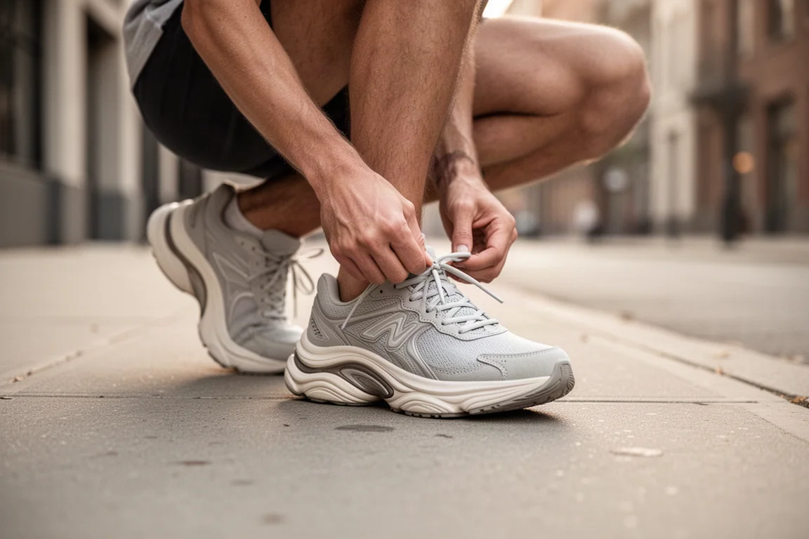 Runner tying the laces of a cushioned running shoe on a quiet city street
