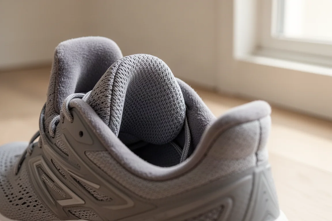 Close-up of a knit stretchy tongue and padded heel collar on a running shoe