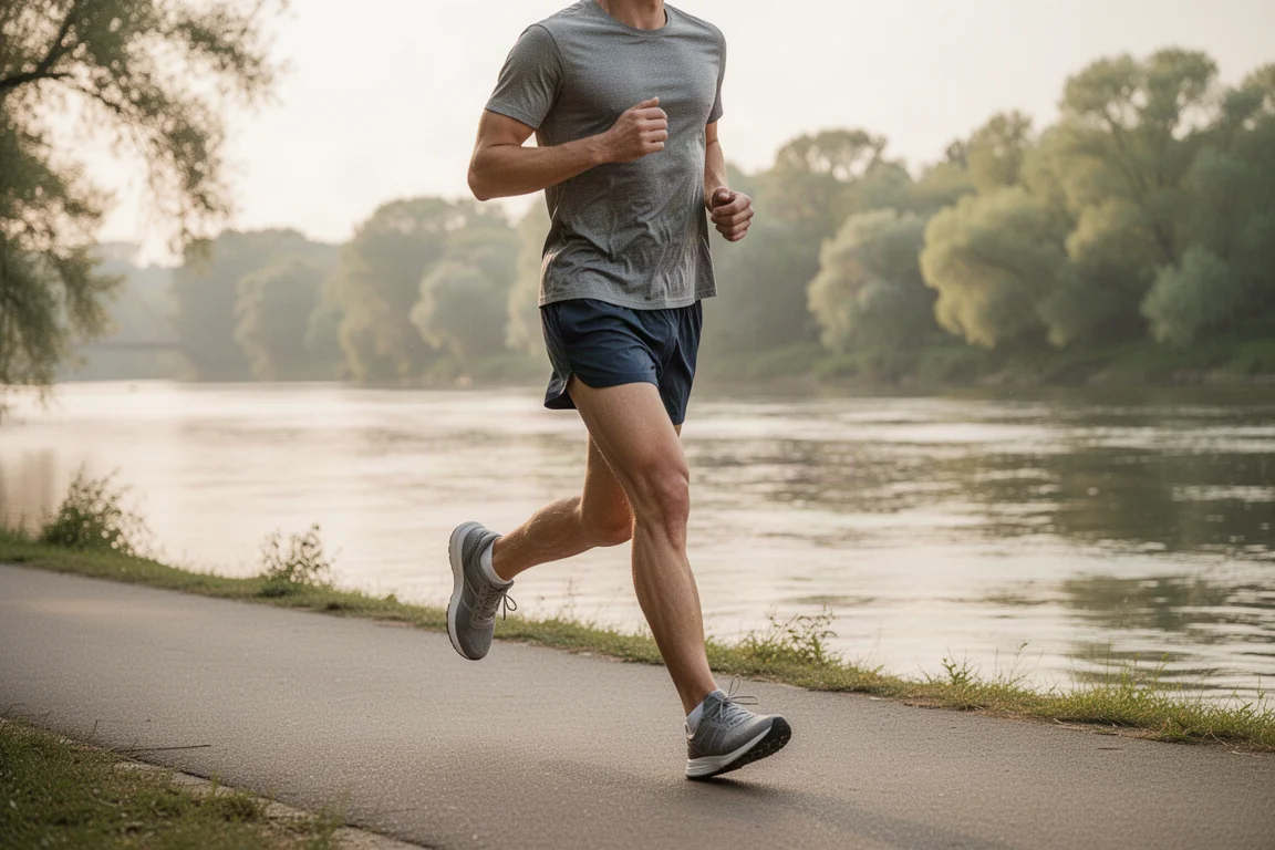 Runner jogging along a paved riverside path in soft afternoon light