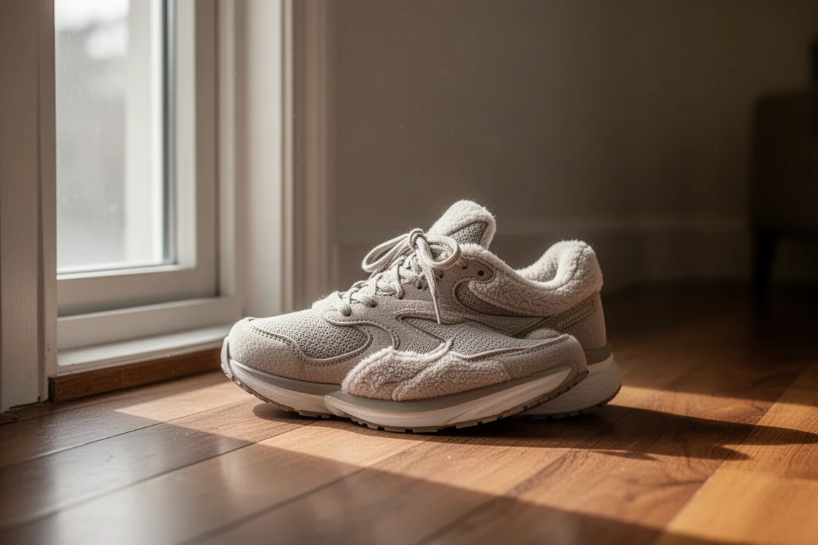 Pair of cushioned running shoes resting on a wooden floor beside a window