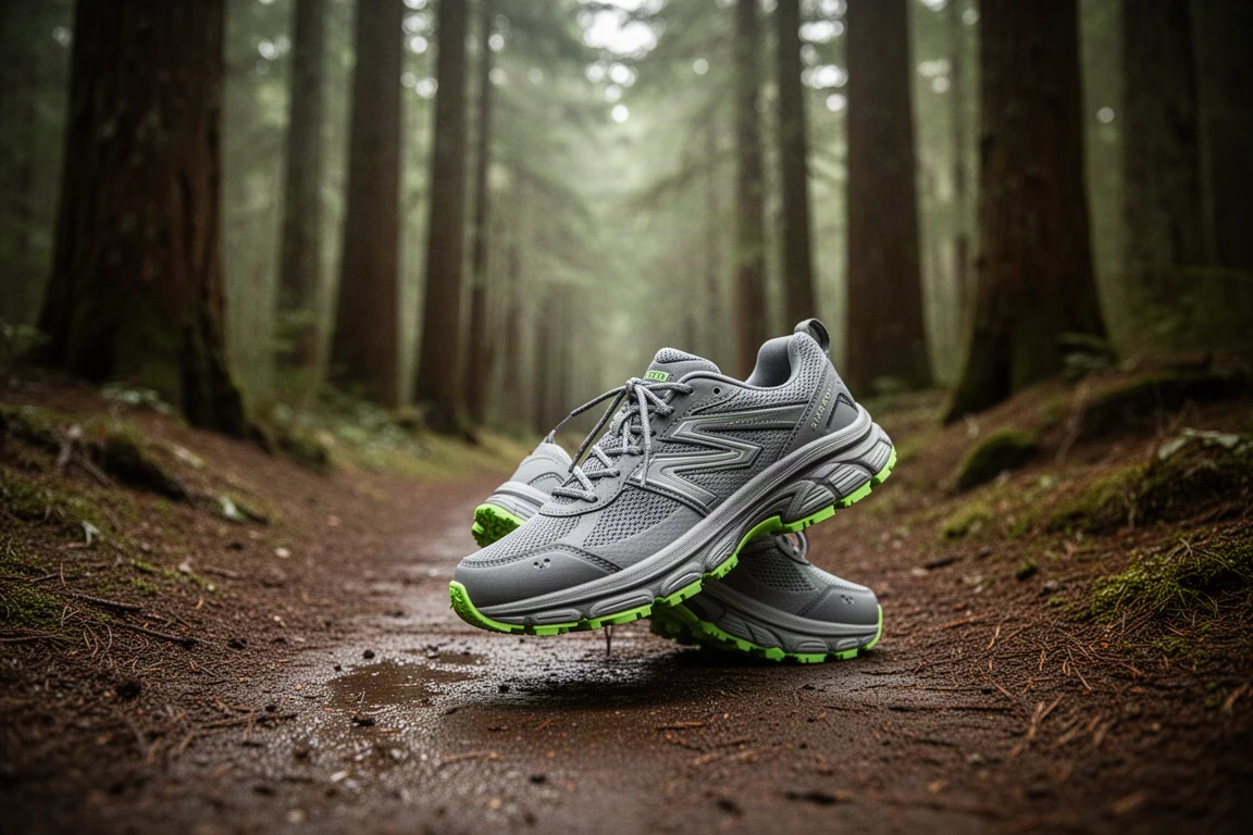 Zapatilla de running de amortiguación máxima en un sendero forestal húmedo con árboles altos