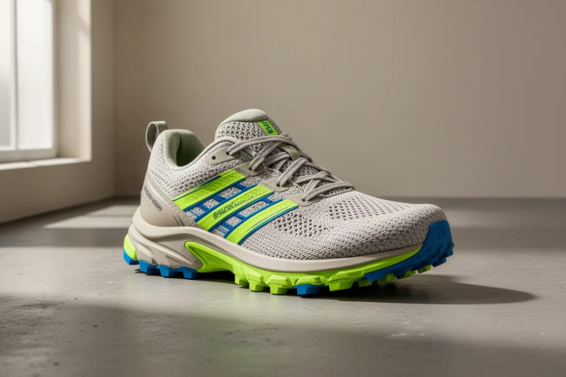 Gray and green max cushion running shoe with trail outsole on concrete surface