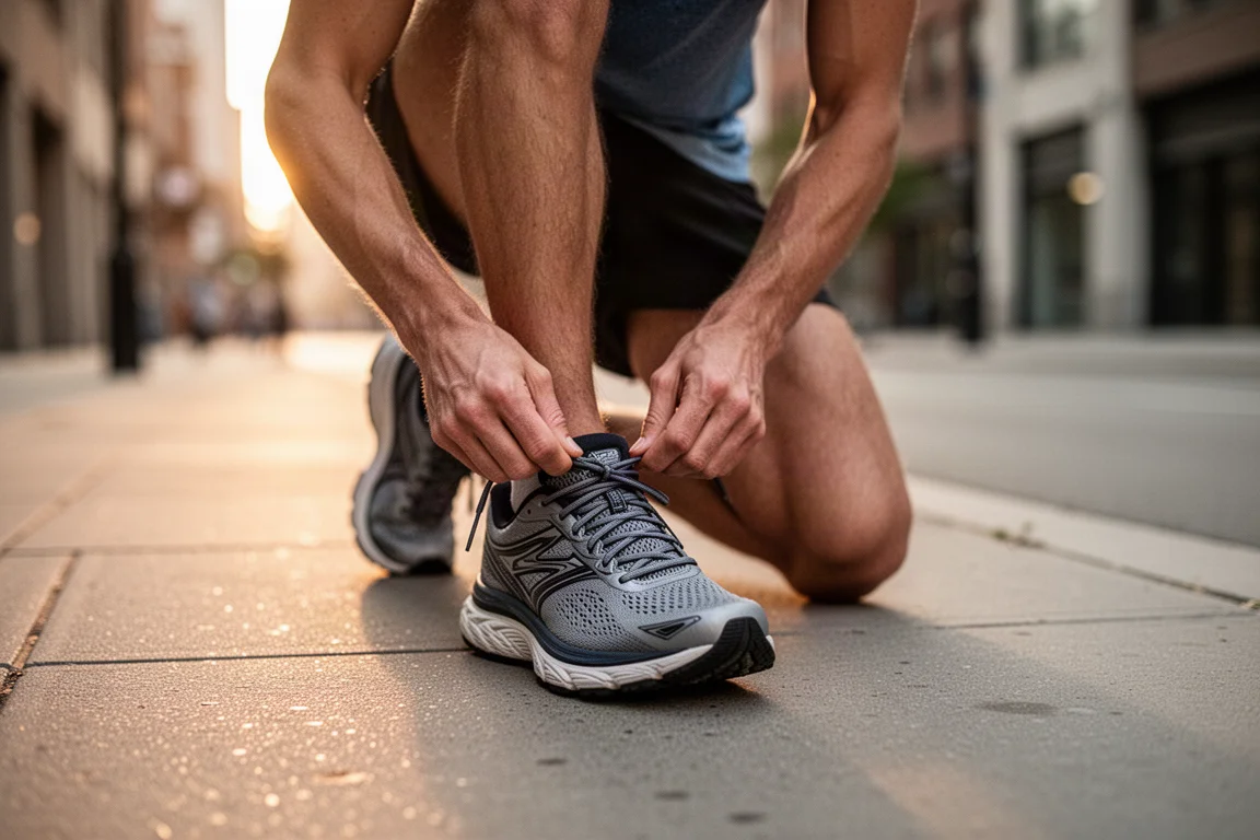 Läufer schnürt bei Morgenlicht auf einem Gehweg einen gedämpften Laufschuh