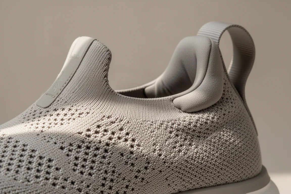Nahaufnahme eines gestrickten Laufschuh-Obermaterials und einer gepolsterten Fersenkappe