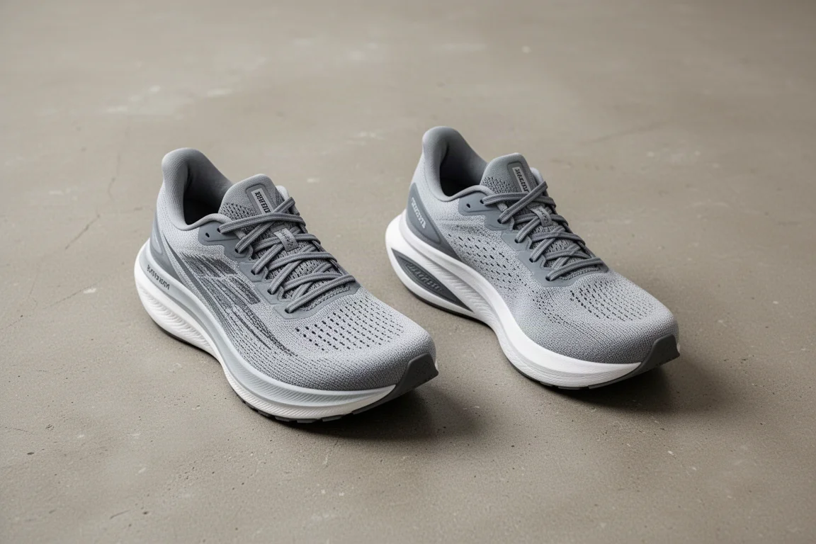 Vergleich zweier Laufschuhe mit dicker Mittelsohle nebeneinander auf Beton