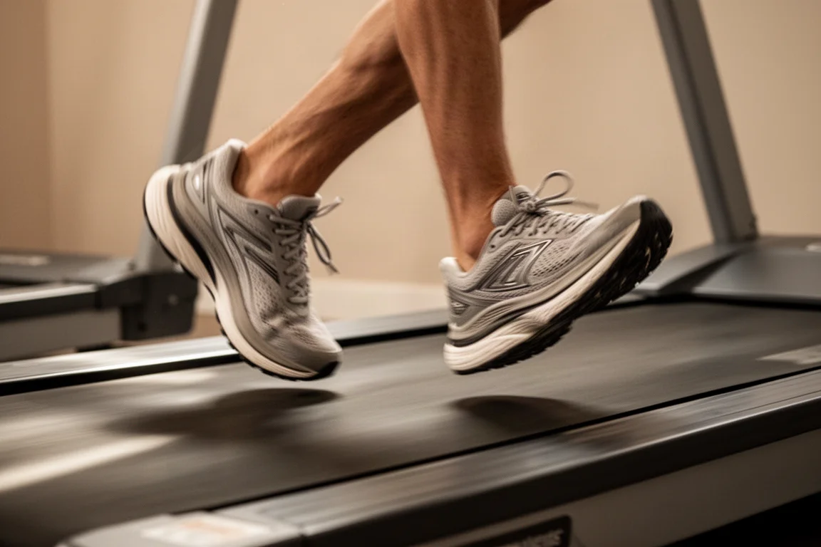 Läufer beendet eine lockere Laufeinheit auf dem Laufband in einem gedämpften Trainer