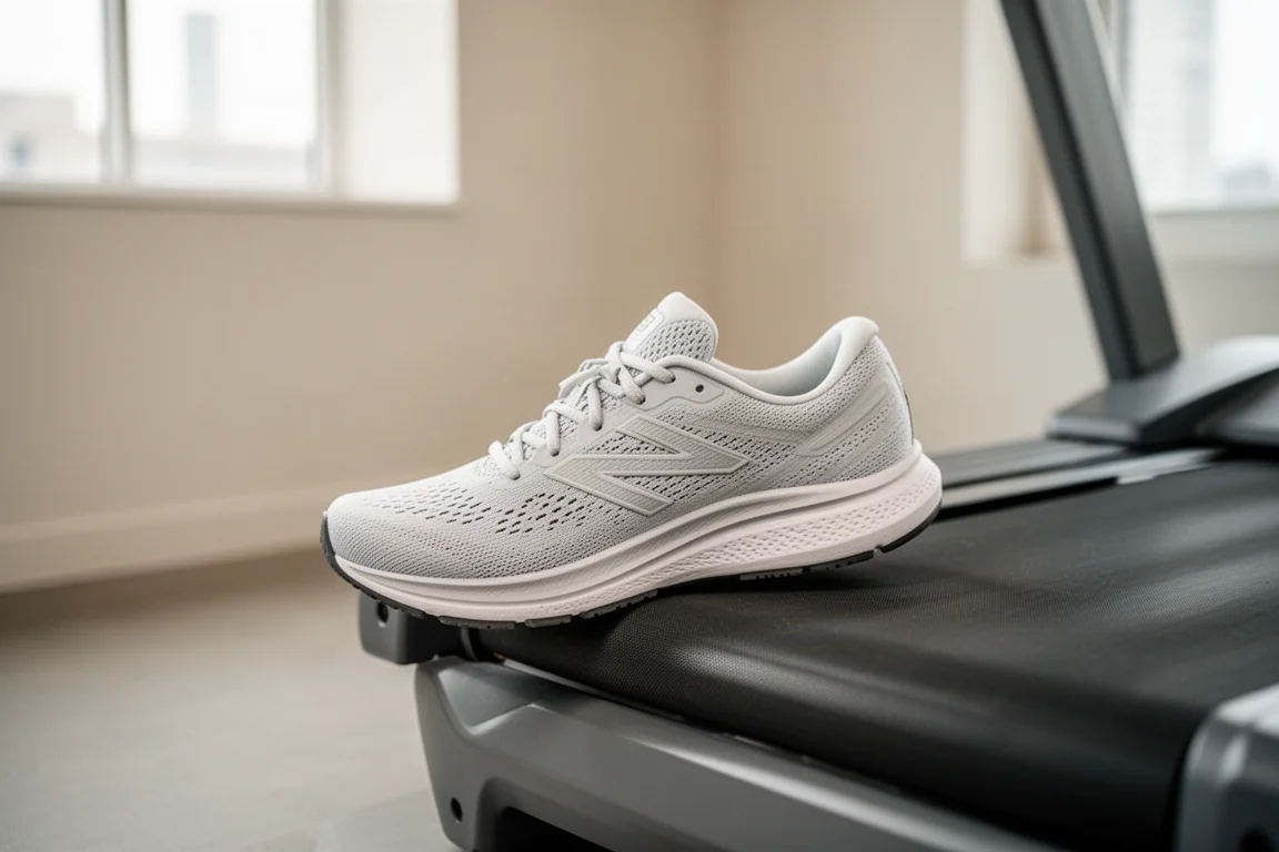 Laufschuh auf der Kante eines Laufbands in einem hellen, minimalistischen Fitnessraum
