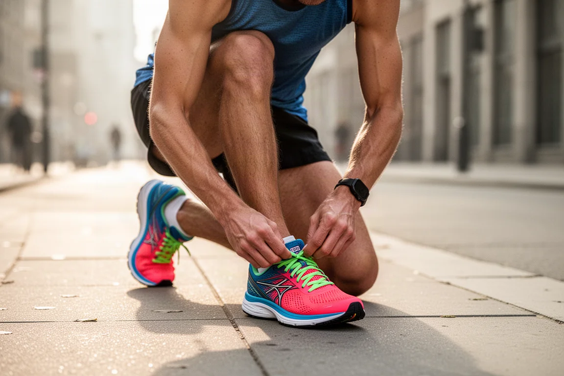 Un coureur lacent une chaussure de running multicolore audacieuse sur un trottoir ensoleillé