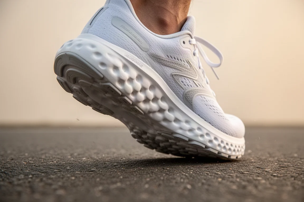 Gros plan sur une semelle intermédiaire en mousse réactive qui se flexionne pendant une course