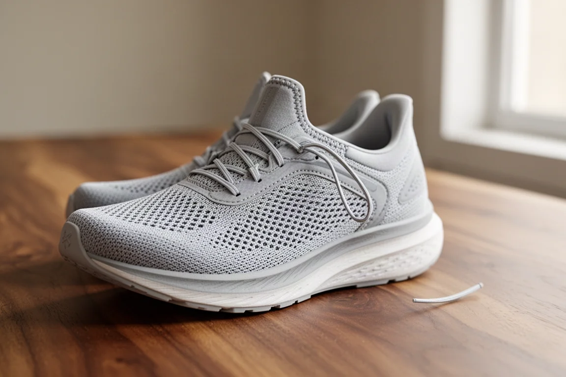 Tige en mesh respirant d'une chaussure de running sous la lumière naturelle d'une fenêtre