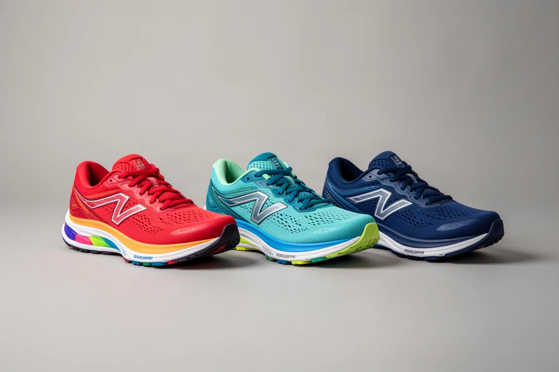 Trois chaussures de running colorées alignées sur un fond neutre de studio