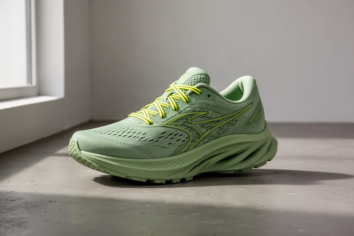 But do biegania ASICS Noosa Tri 16 w zielonym kolorze matcha z żółtymi sznurowadłami na betonie