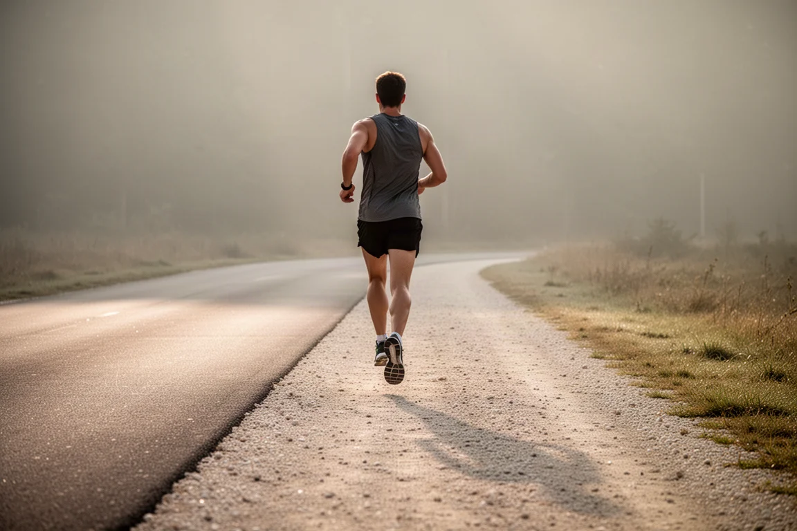 Runner heading from tarmac onto a gravel path at the edge of a park