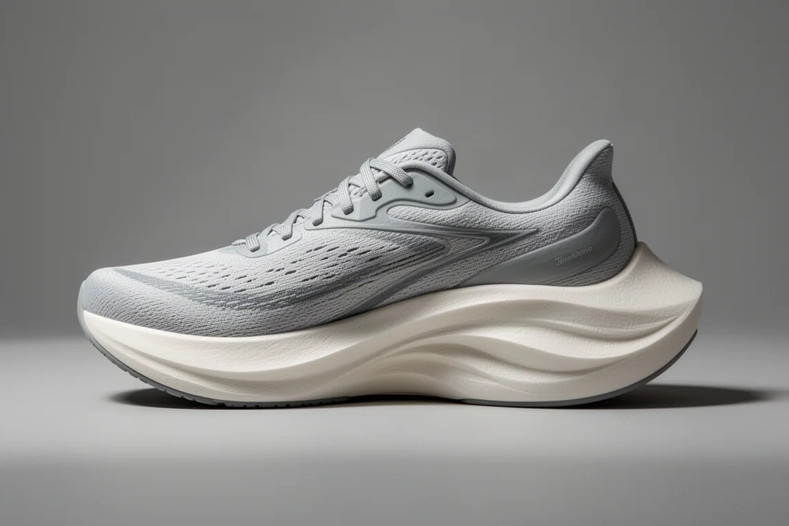 Running shoe midsole showing thick foam stack