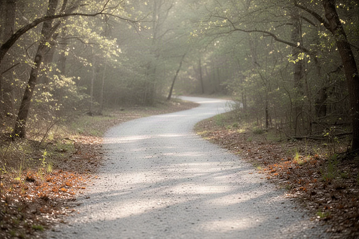 Gravel trail winding through light woodland