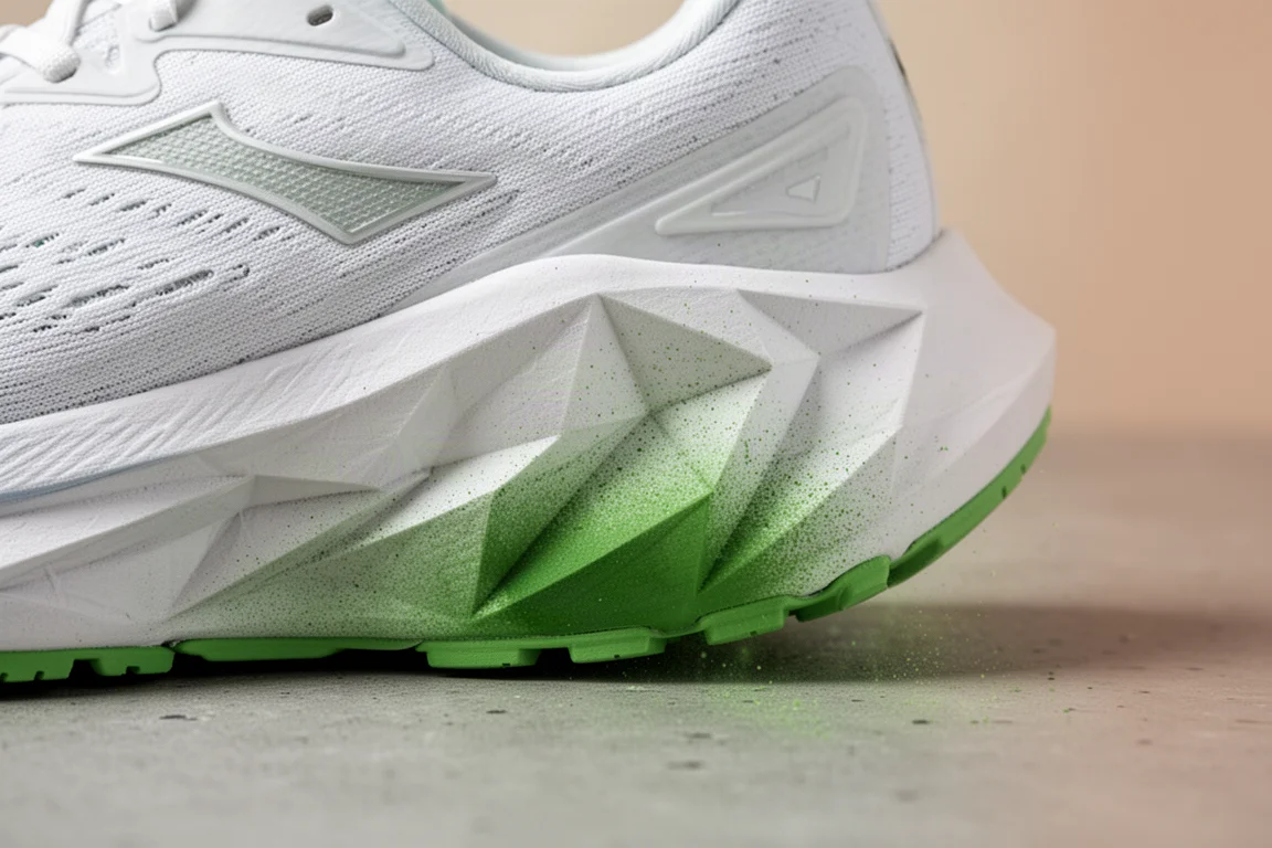 Primo piano di una intersuola scolpita di una scarpa da running con strati di schiuma e una finitura a gradiente verde