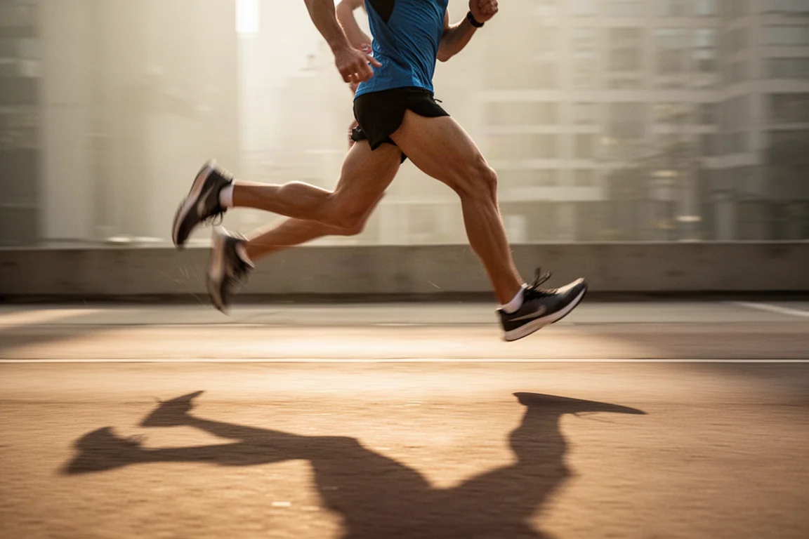 Un runner accelera sul marciapiede cittadino illuminato dal sole nel mattino presto