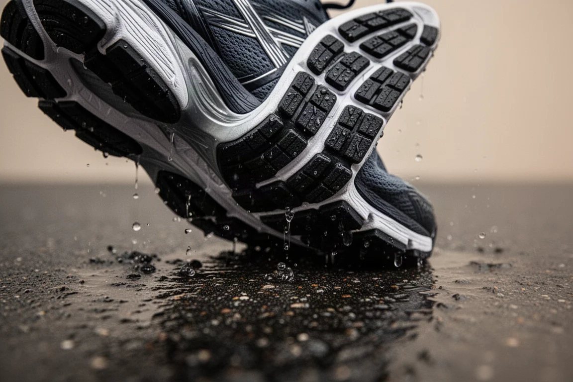 Test di aderenza su asfalto umido con la suola di una scarpa da running che aggrappa il terreno bagnato