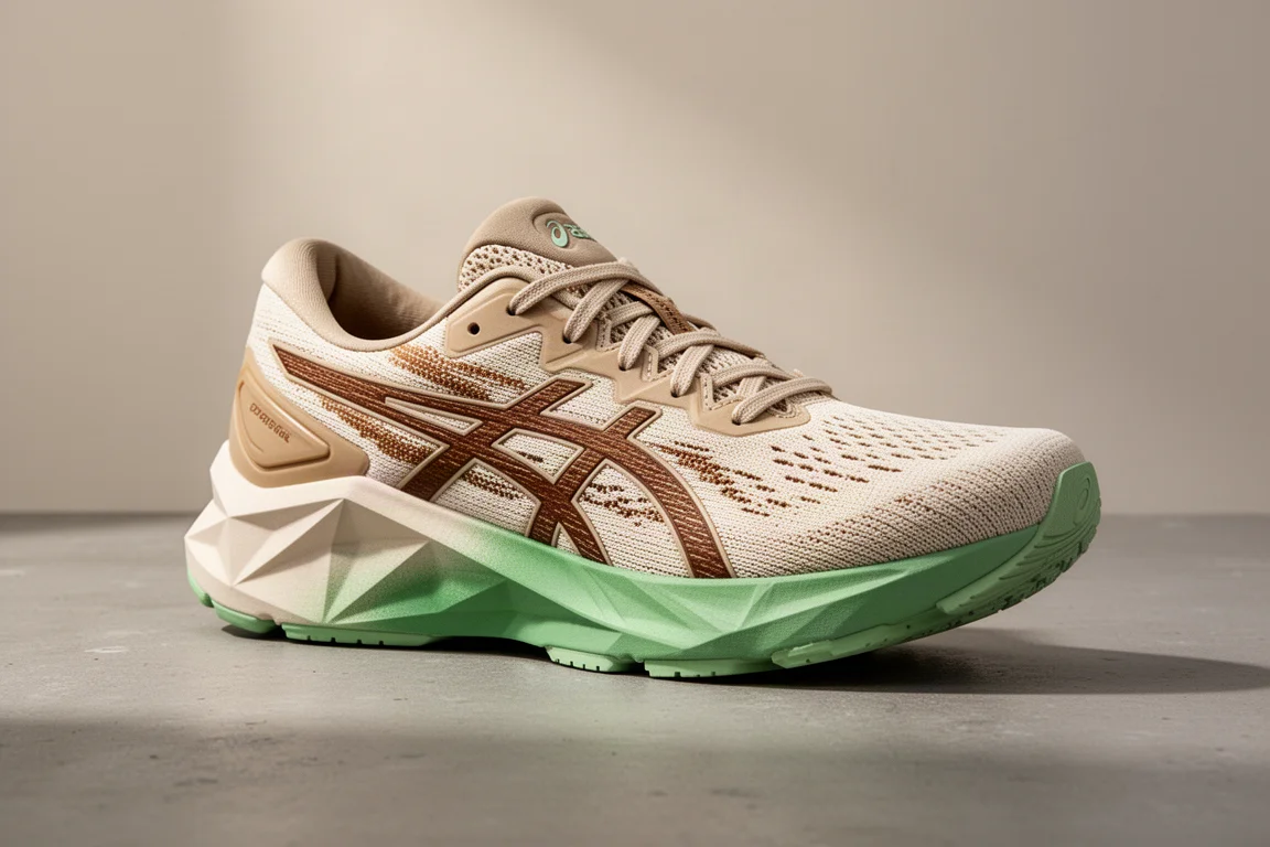 Asics Nova Blast 6 in a cream and green colorway on a concrete surface
