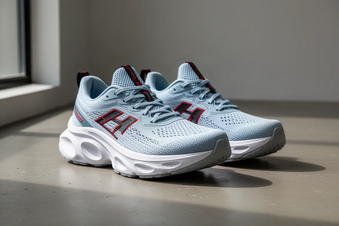 Scarpe da running neutre azzurre con spessi battistrada bianchi su una superficie in cemento