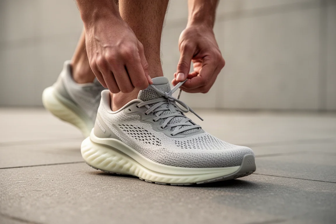 Runner tying the laces of a lightweight running shoe on a city pavement
