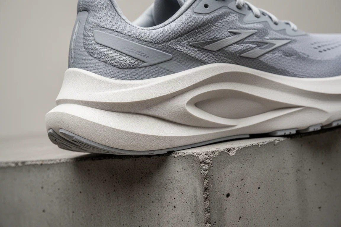 Close-up of the thick foam midsole of a running shoe on a concrete step
