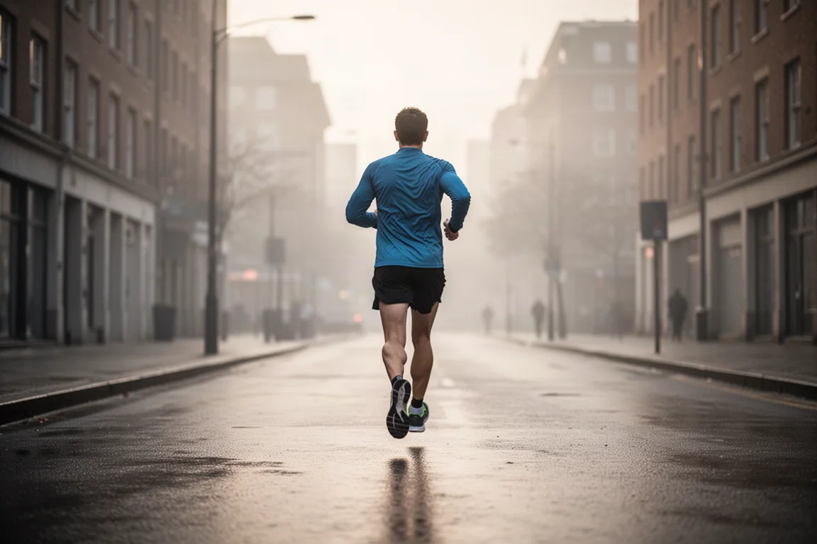 Runner jogging along quiet wet city streets at dawn