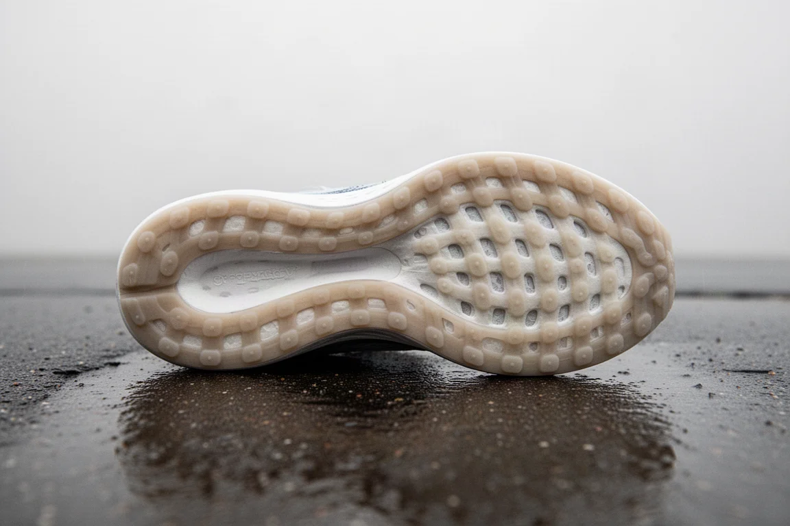 Close-up of an outsole with sparse rubber coverage on wet pavement
