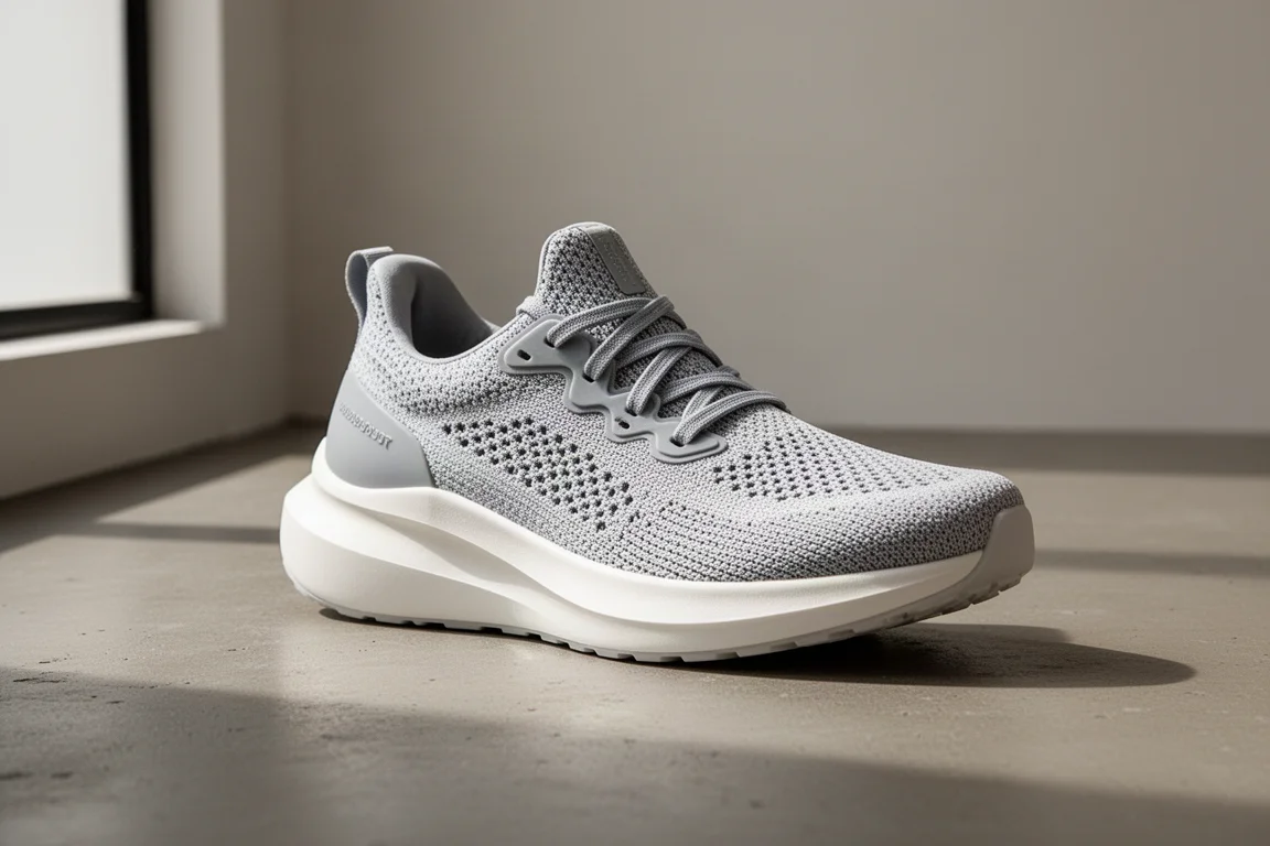 Asics Novablast 3 running shoe with thick pale foam midsole on concrete