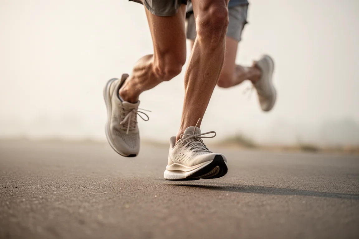 Close-up of a thick cushioned running shoe midsole compressing on pavement