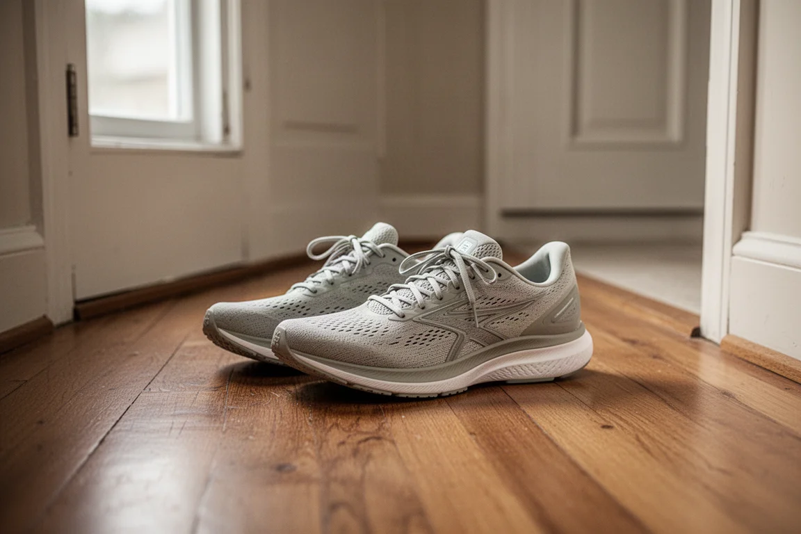 Outsole of a running shoe resting on concrete showing minimal wear