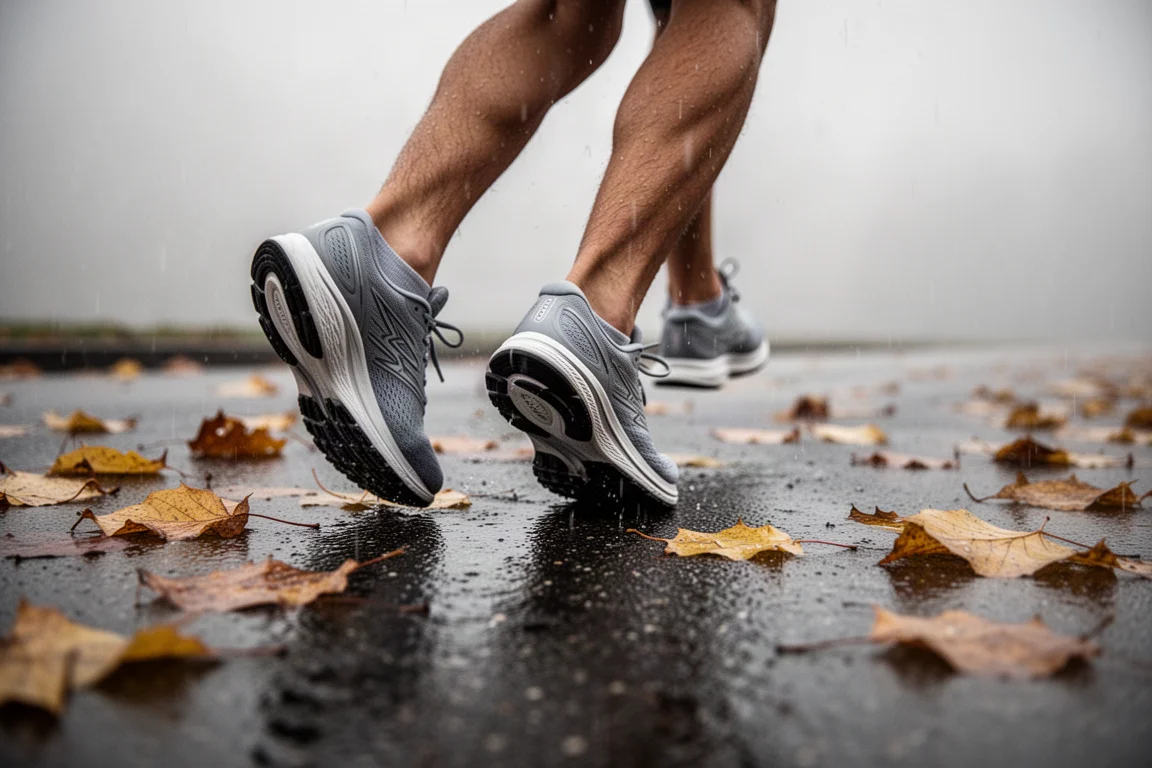 Pieds d'un coureur en chaussures de trail traversant un asphalte mouillé parsemé de feuilles d'automne