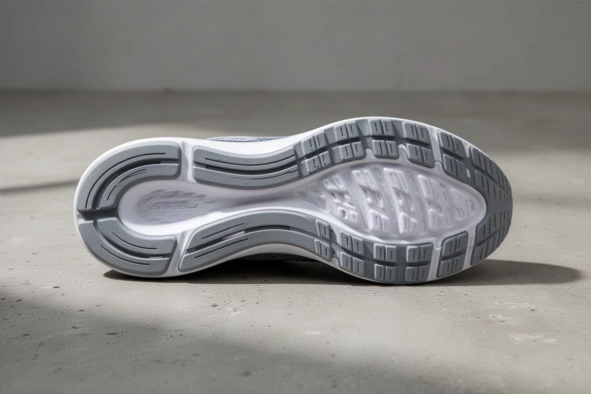 Semelle plate d'une chaussure de running montrant un caoutchouc lisse et des crampons peu profonds