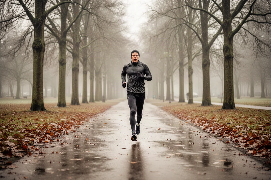 Coureur sur une allée de parc par temps humide portant des chaussures de running amorties