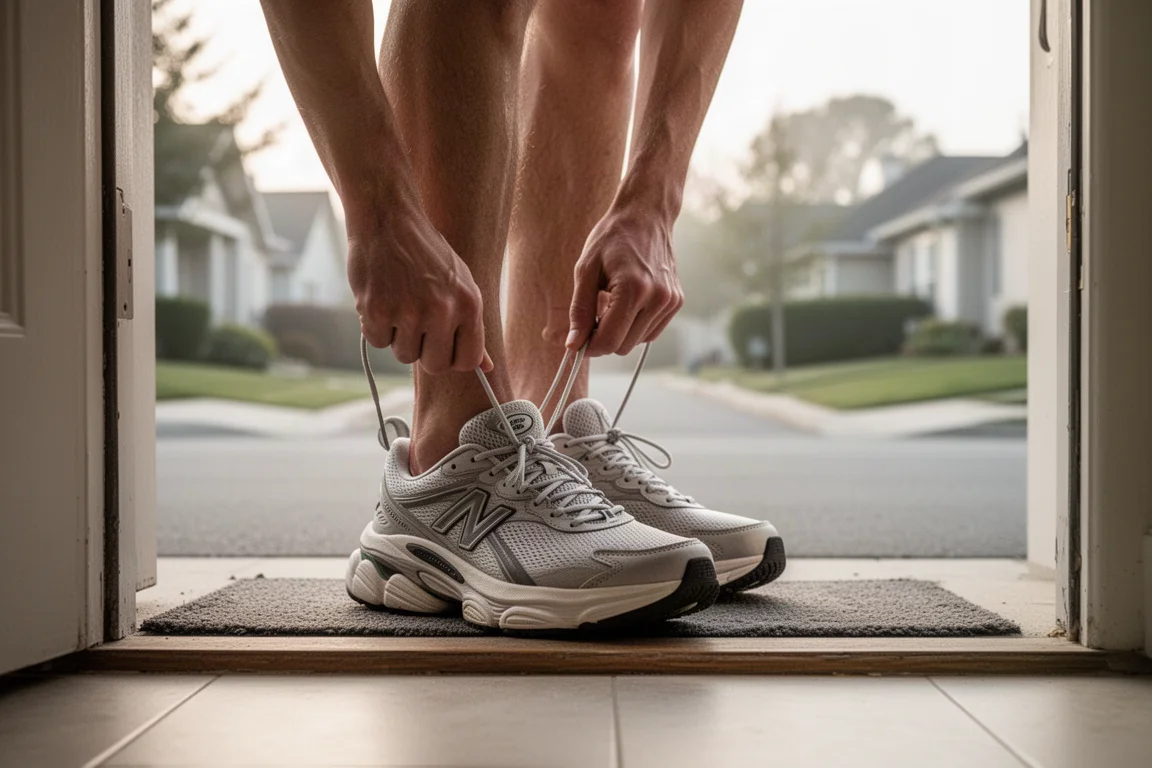 Un coureur lace une paire de chaussures d'entraînement quotidiennes amorties sur un seuil de porte