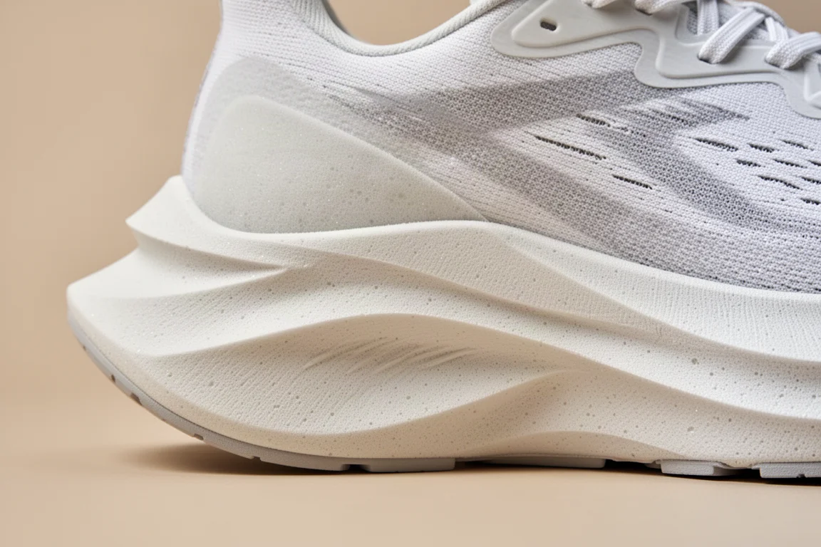 Gros plan sur l'épaisse mousse blanche de semelle intermédiaire d'une chaussure de running maximaliste