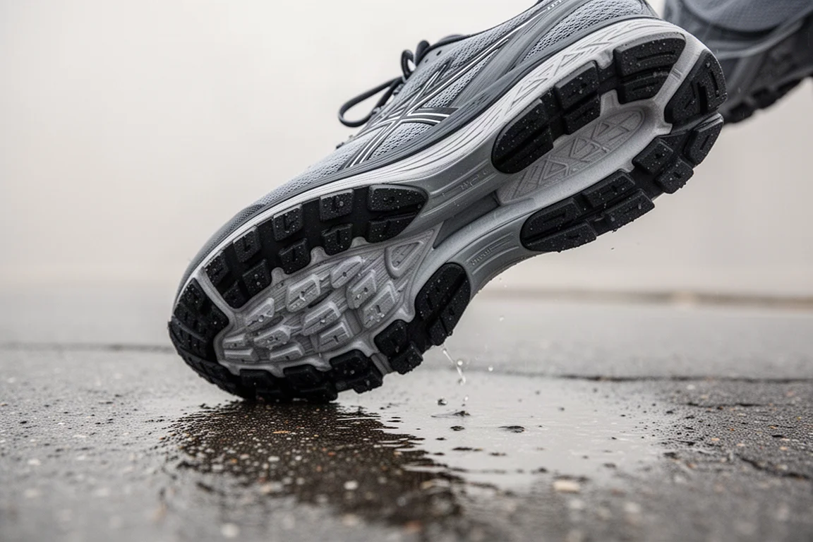 Gros plan sur les crampons en caoutchouc d'une chaussure de running posée sur du pavé mouillé