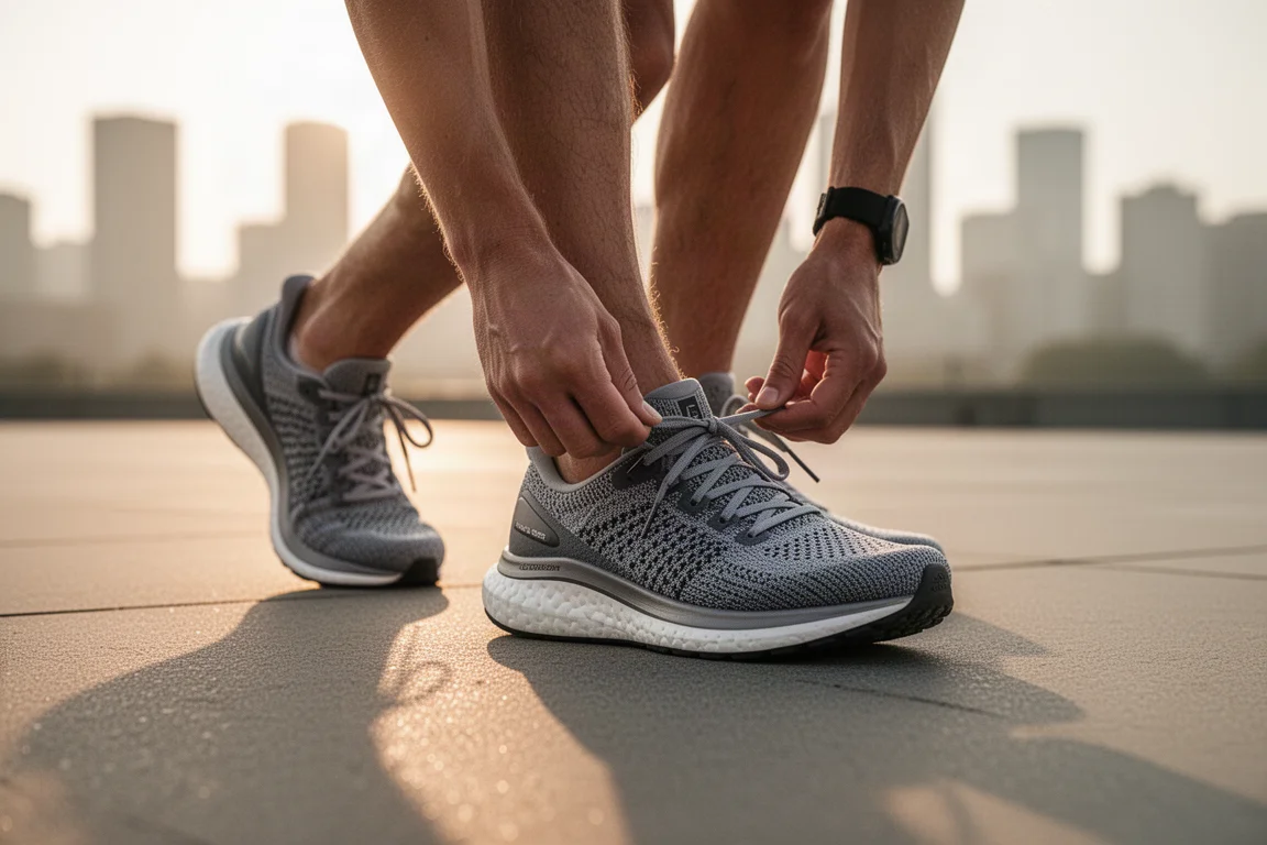 Runner lacing up a pair of high-cushioned running shoes on a city pavement at sunrise