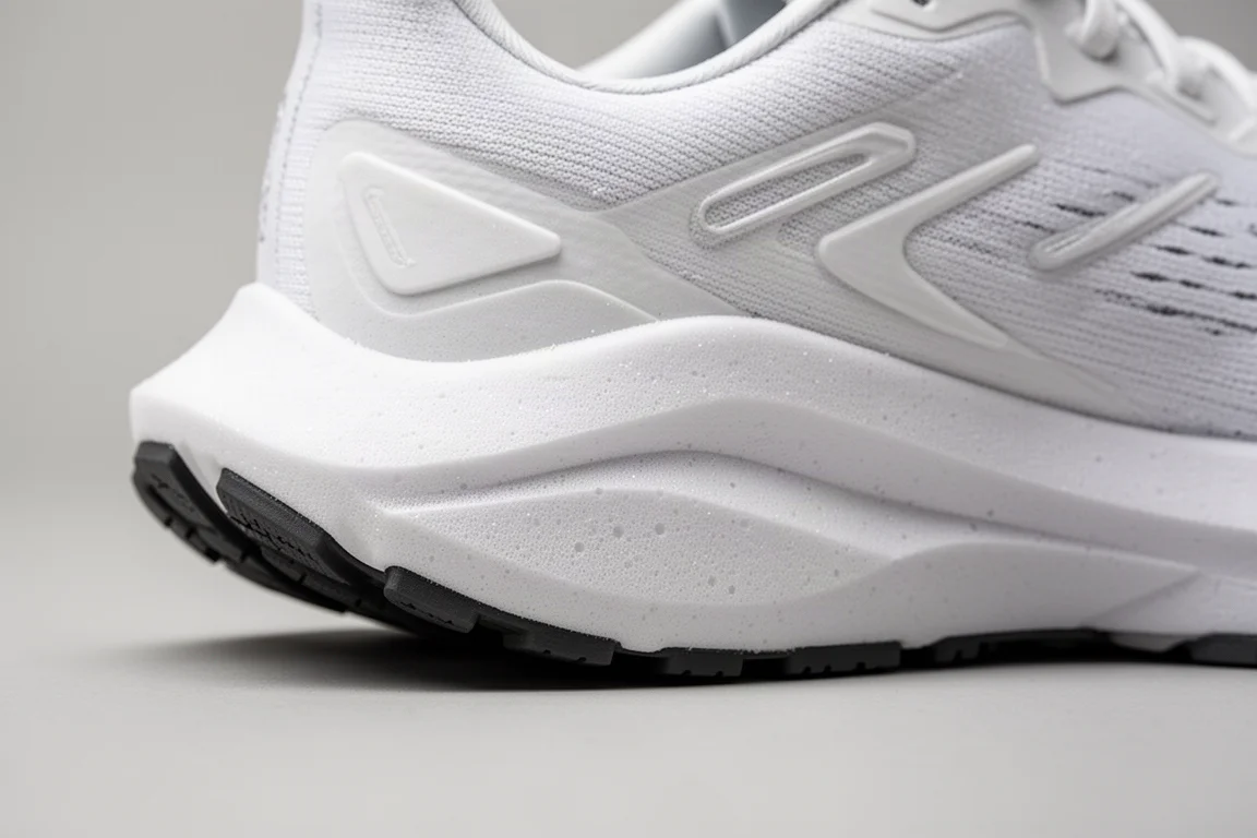 Close-up of a thick white foam midsole on a running shoe with deep flex grooves
