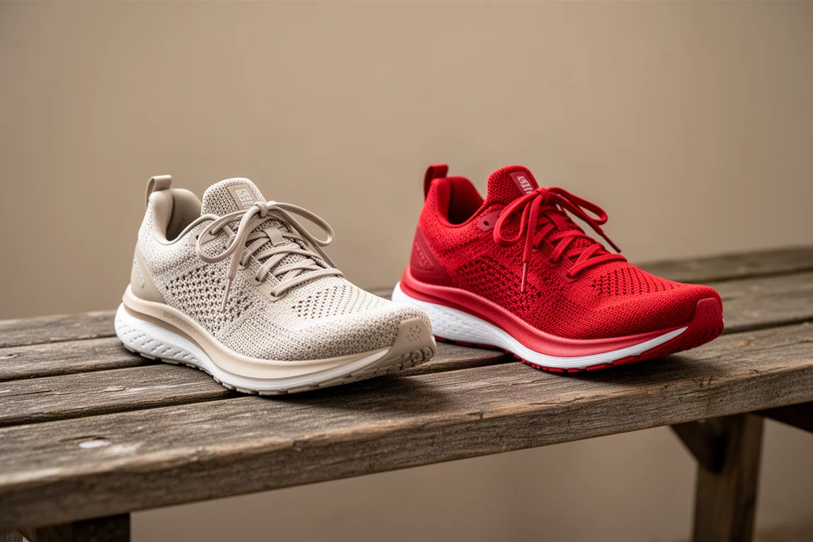Two running shoes placed side by side on a wooden bench after a run