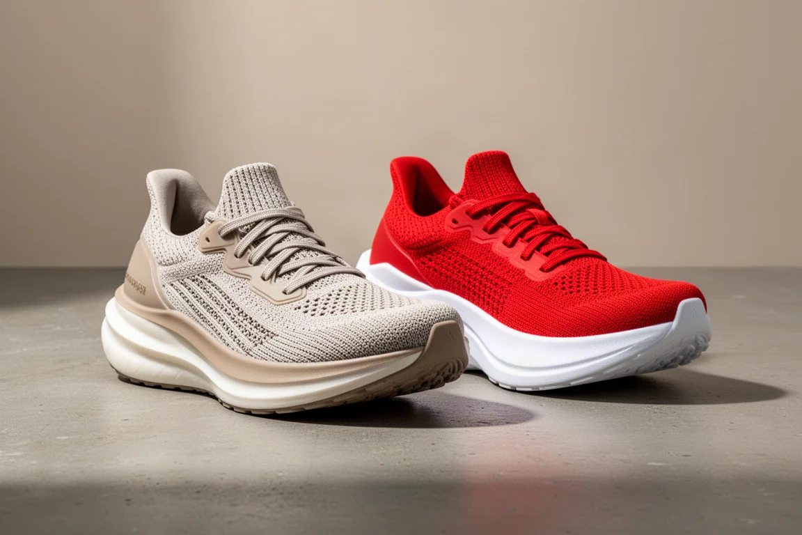 Two high-cushioned running shoes side by side on a concrete studio surface