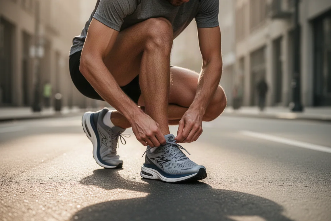 Runner lacing up a high-stack cushioned running shoe on a quiet morning street