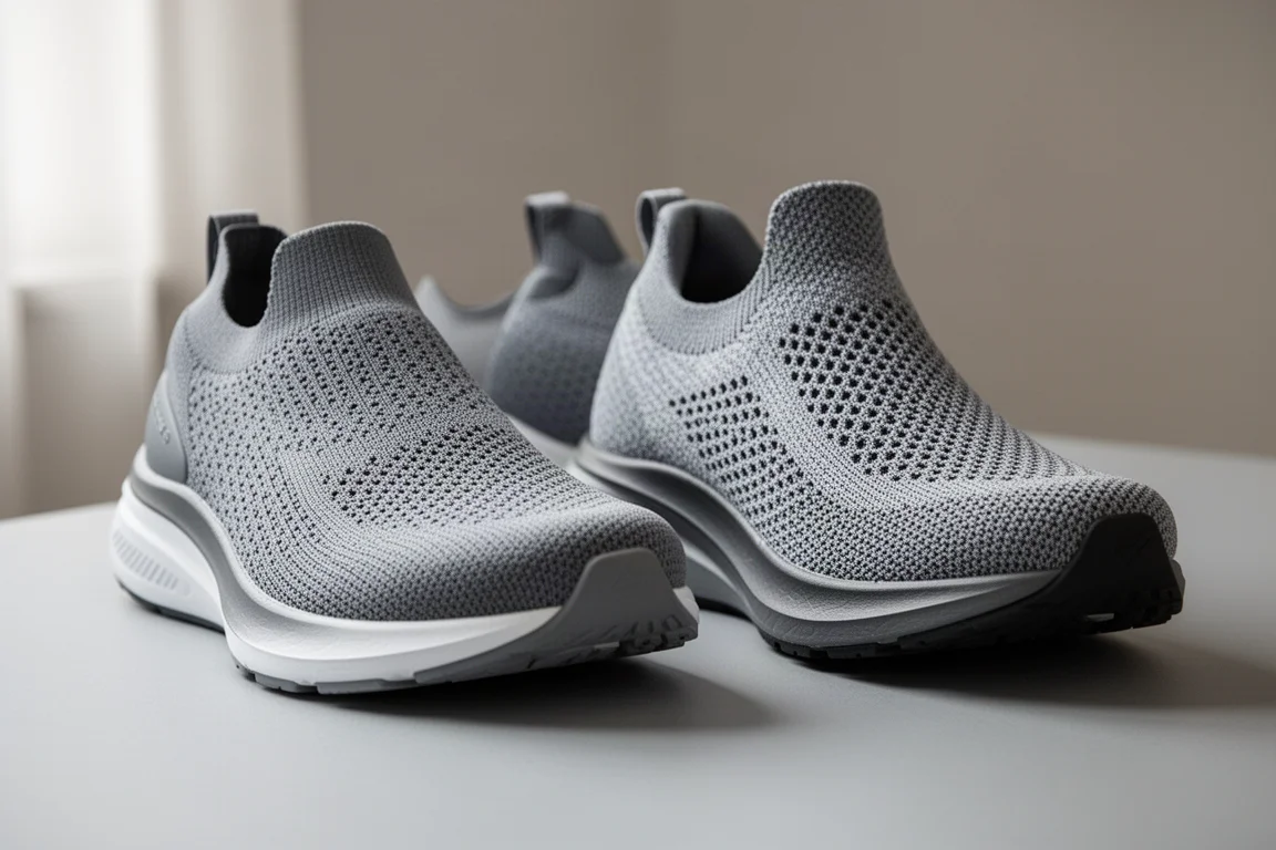 Close-up of two running shoe uppers showing different fit and width