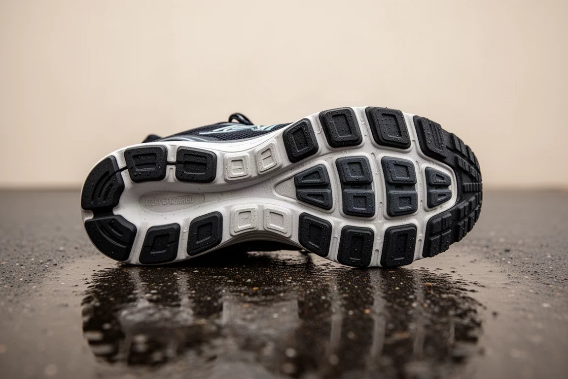 Outsole of a running shoe with segmented sole pods on wet pavement