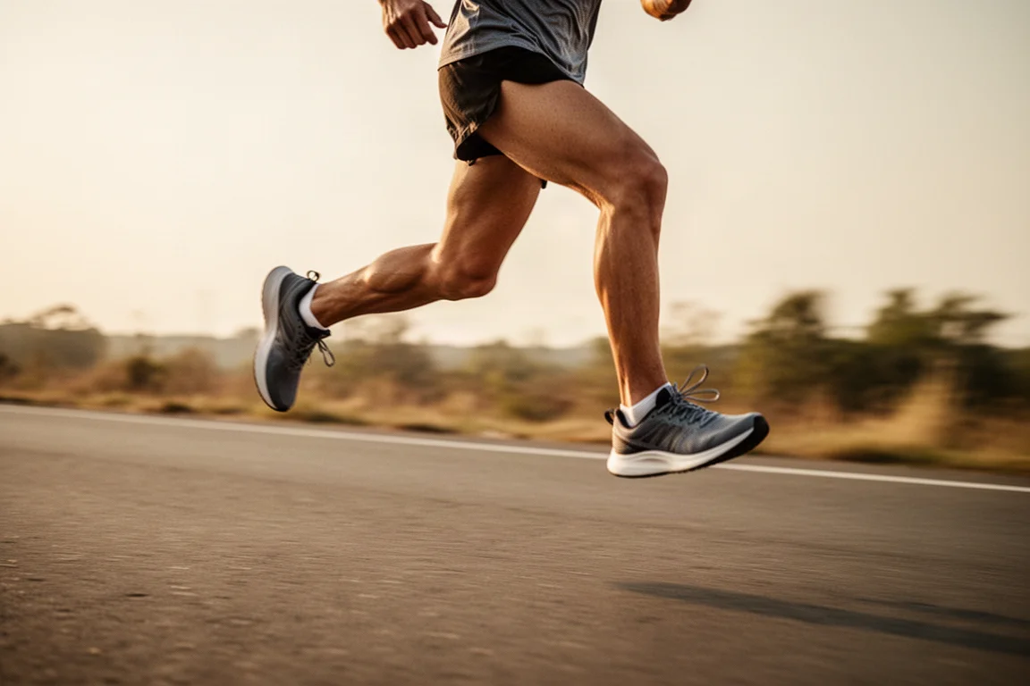 Runner picking up the pace on an open road in cushioned trainers