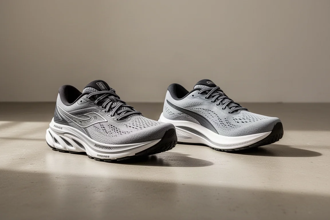 Comparaison côte à côte de deux chaussures de running sur un sol neutre