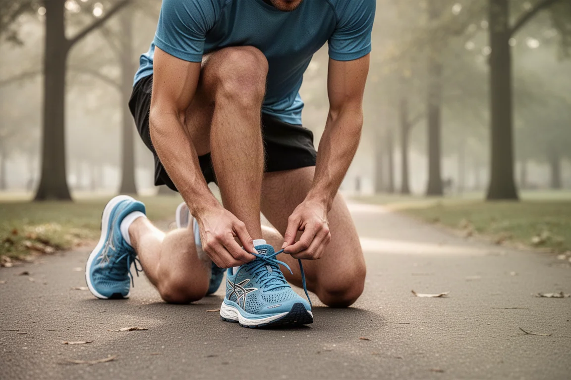 Coureur attachant les lacets de sa chaussure de running sur un chemin de parc dans une douce lumière matinale