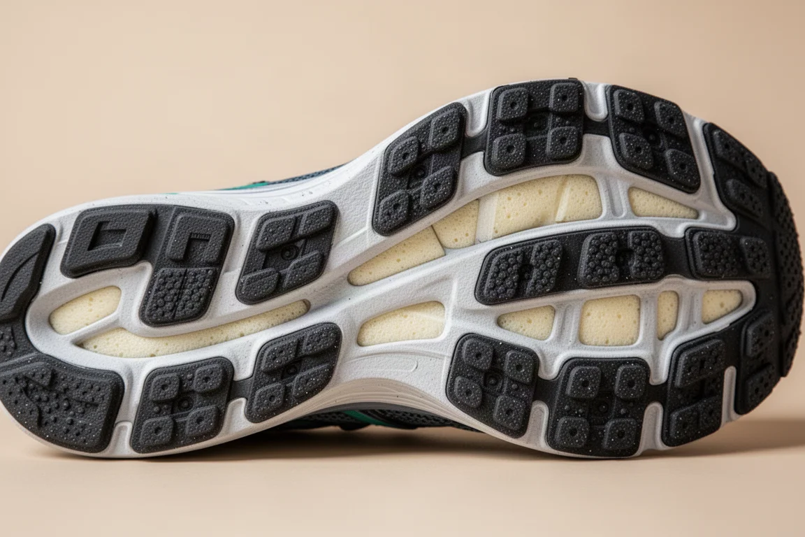 Gros plan sur la semelle extérieure d'une chaussure de running montrant la mousse exposée et les plots en caoutchouc